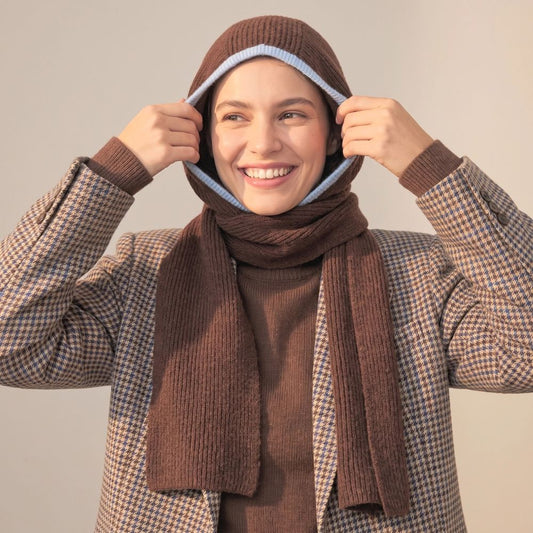 Contrast Trim Hooded Scarf - Brown/Blue