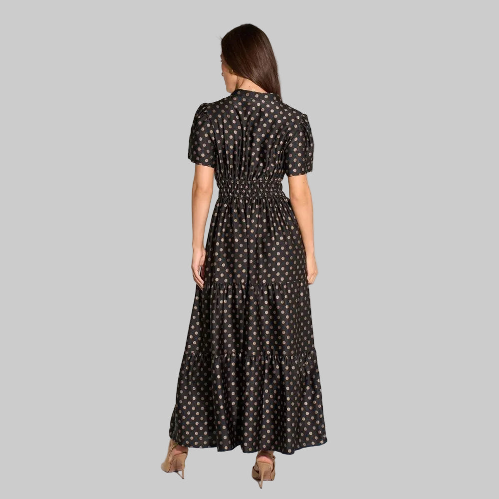 Large Spot Collared Tiered Maxi Dress - Black/Gold