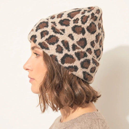 Leopard Print Beanie Hat - Beige