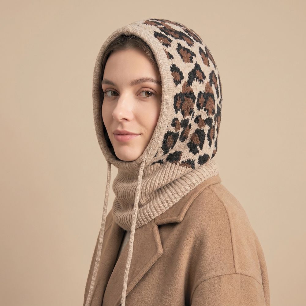 Leopard Print Knitted Hood - Beige