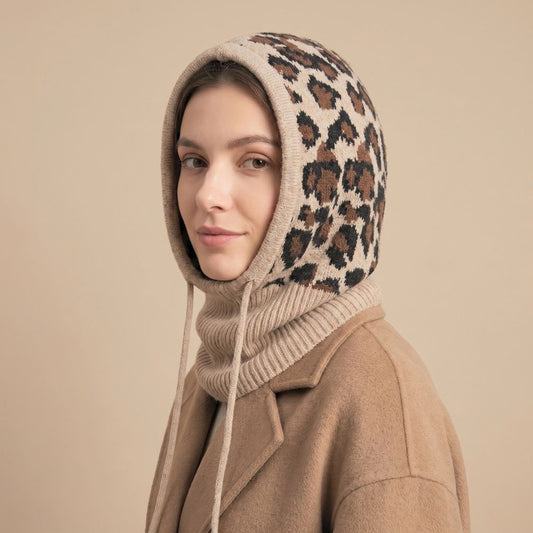 Leopard Print Knitted Hood - Beige
