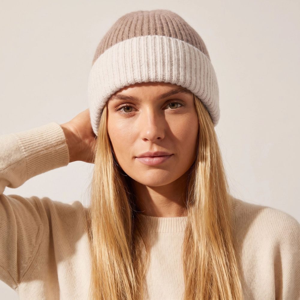 Two Tone Beanie Hat - Beige/Cream