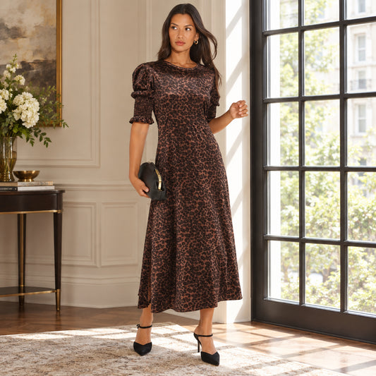 Velvet Leopard Print Tea Dress - Brown