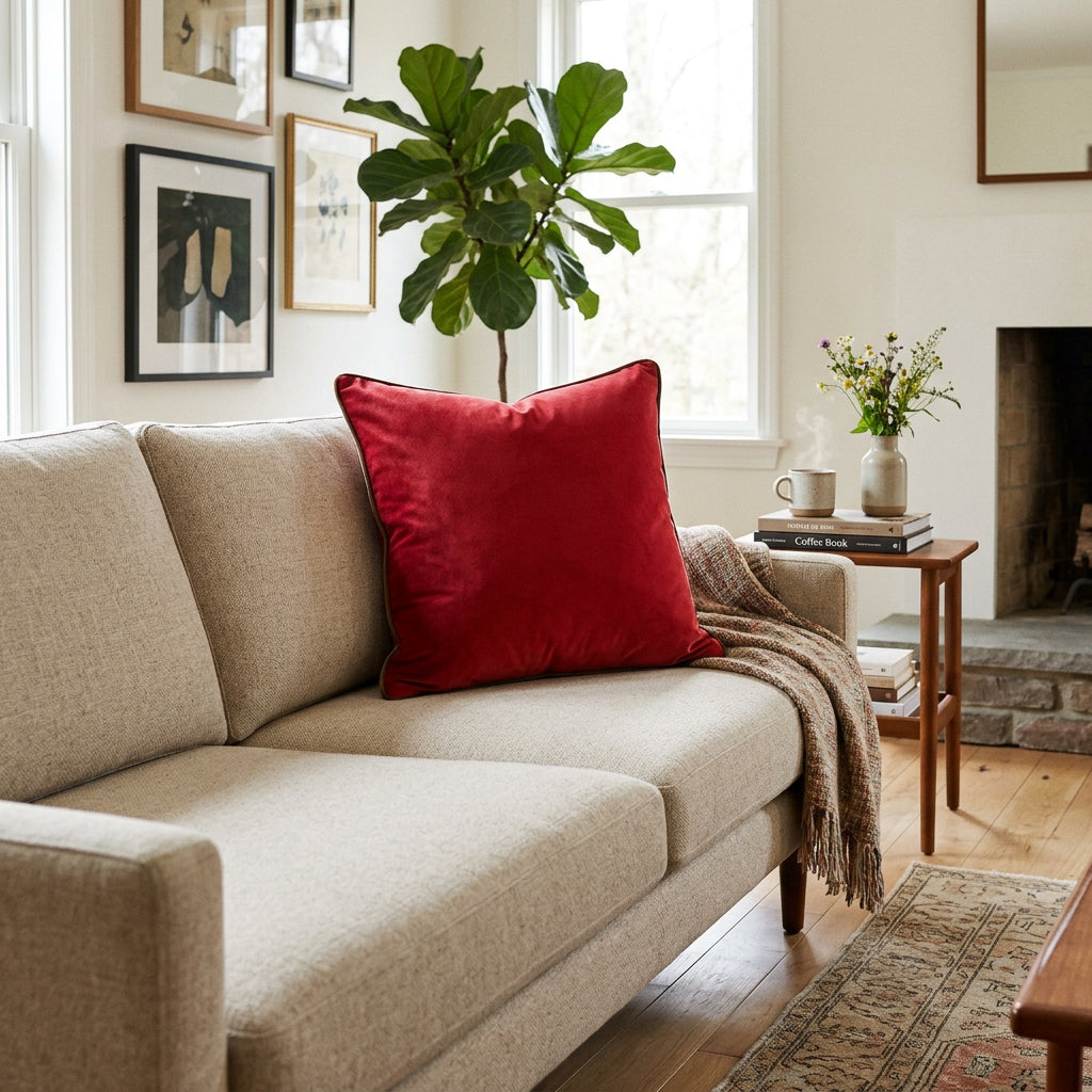 Meridian Velvet Cushion - Dark Red/Fir Green