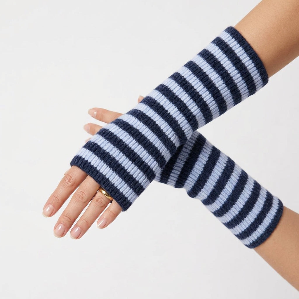 Long Striped Wrist Warmers NavyBlue/Denim Blue