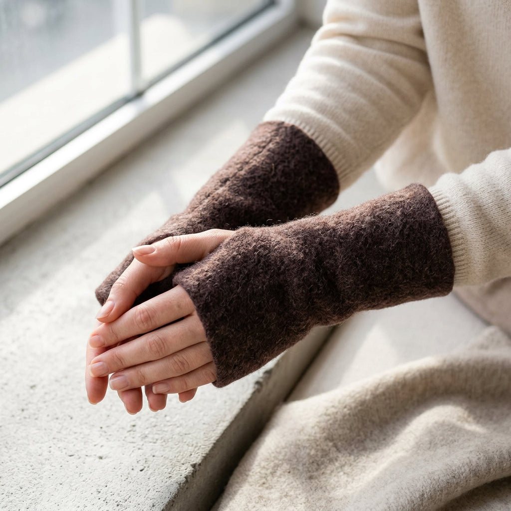 Textured Knitted Wrist Warmers - Brown