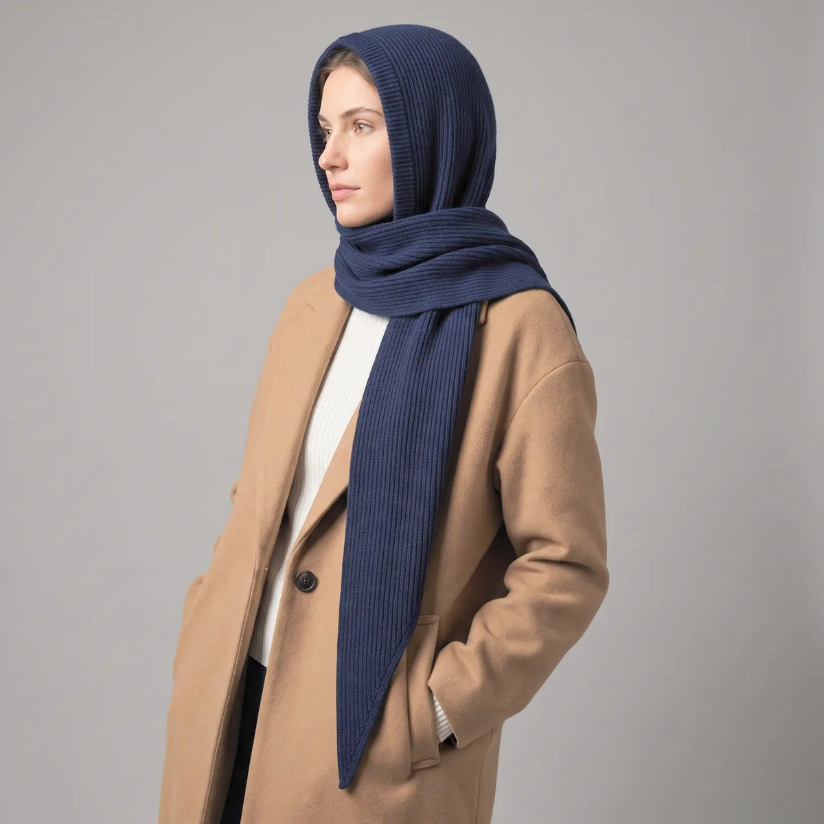 Plain Triangle Hooded Scarf - Navy Blue